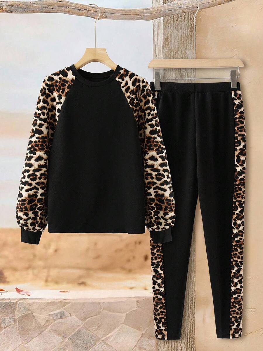 Rusticease 2 件套女士冬季新款街头豹纹拼布圆领长袖运动衫和紧身裤休闲套装女士运动套装 - 黑色 - 查看 1