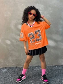 Coolane Kids Tween 女童休闲运动风格豹纹印花和数字图案撞色 V 领宽松网眼透气 T 恤，夏季 - 橘色 - 查看 3