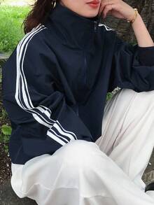 FRIFUL 女士休闲运动撞色条纹侧高领拉链落肩宽松夹克，秋季服装 - 藏蓝色 - 查看 3