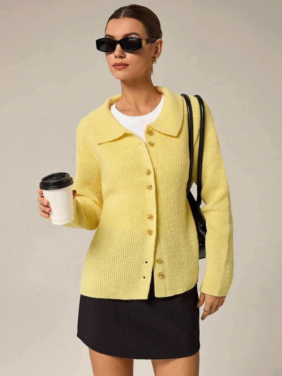 Qadelle Women's Loose Casual Cardigan, Autumn/Winter - Yellow - View 1