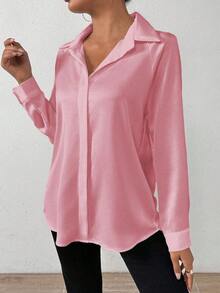 SHEIN PETITE Women's Solid Color Satin Simple Shirt With Asymmetric Hem - Pink - View 6