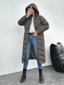 EURMUSE 女士时尚绗缝拉链连帽棉服外套（冬季） - 灰色 - 查看 8