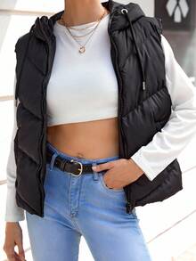EURMUSE Zip Up Drawstring Hooded Vest Puffer Coat - Black - View 5