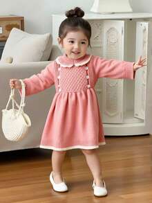 SHEIN Vintaside Kids 女宝宝粉色圆领针织毛衣裙，适合外出，秋冬季