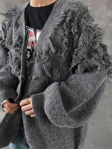 FRIFUL Women's V-Neck Jacquard Tassel Loose Casual Cardigan - Camel - View 6