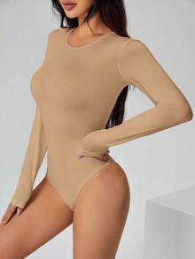 SHEIN PETITE Solid Long Sleeve Slim Fit White T-Shirt Bodysuit