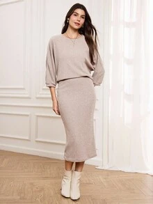 Miaspire Women's Bat Wing Crew Neck T-Shirt And Midi Pencil Skirt 2pcs Casual Outfit Set, Textured Fabric, Elegant For Work & Outings In Fall/Winter