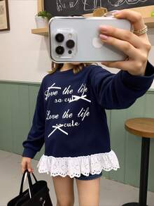 Genkimix Kids Tween Girls' Fashion Korean Style Simple English Letter Slogan Print 3D Ribbon Bow Decor Contrast Color Patchwork Ruffle Trim Navy Blue Sweatshirt Crew Neck Pullover For Autumn Fall Winter - Royal Blue - View 3