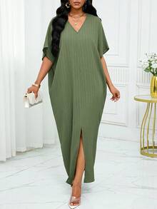 SHEIN Lady 春夏休闲绿色亚麻编织开衩蝙蝠袖中长连衣裙，大码连衣裙，适合度假、海滩、婚礼宾客、商务休闲和舞会等场合。