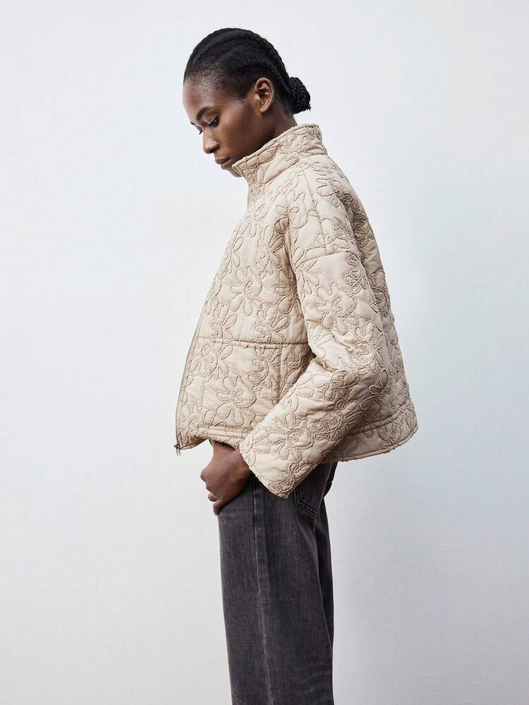 SHEIN Maija Women's Casual Solid Color Floral Embroidered Jacket, Winter Clothes,Cozy Fall And Winter Clothes For Women