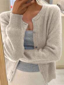 INAWLY Plus Size Casual Solid Color Cardigan, Autumn/Winter Fall - Apricot - View 1