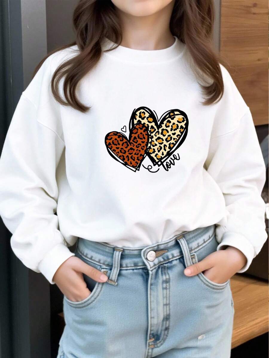 SHEIN 年轻女孩心形豹纹印花圆领长袖运动衫 - 白色 - 查看 1