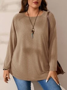 EMERY ROSE Áo thun cổ tròn tay dài dáng rộng, mềm mại, dễ thương, quần áo mùa thu, cỡ lớn - Màu be - Xem 4