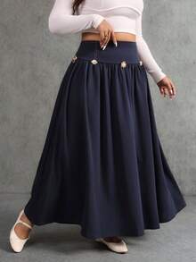 Elaquor Falda elegante y de moda con cintura alta, decoración de sol de metal y pliegues para mujer de talla grande - Azul - Ver 5