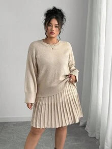 Elenzga Solid Color Crew Neck Knit Top + Pleated Skirt Minimalist Plus Size Sweater Dress Set - Khaki - View 5