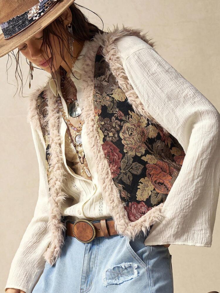 Bohemela 女式休闲花卉提花开襟无袖仿皮草大衣，秋冬 - 彩色 - 查看 7