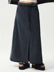 Bohemela 女士休闲纯色针织修身半身裙 - 黑色 - 查看 6