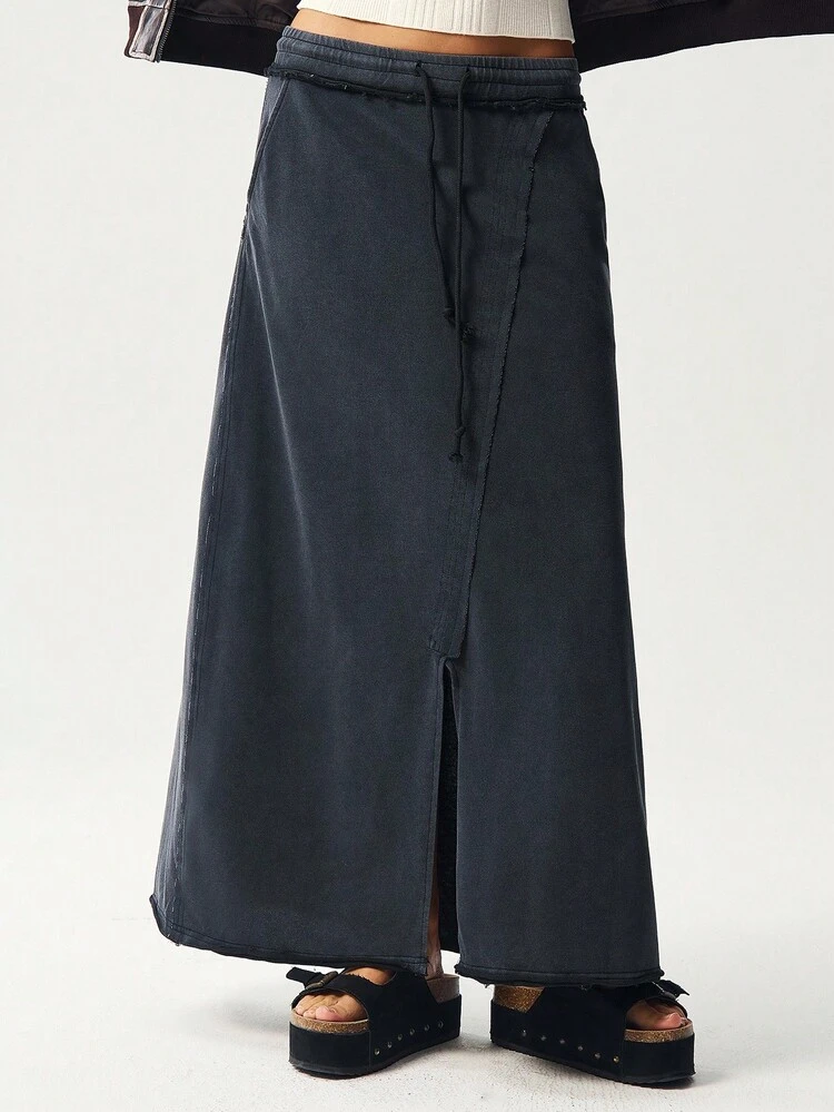 Bohemela Saia Justa de Malha de Cor Sólida Casual para Mulheres - Preto - Visão 6