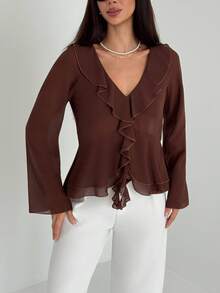 Aloruh 女士新款时尚通勤日常波西米亚风荷叶边装饰深V领长袖修身衬衫 - 棕色 - 查看 5