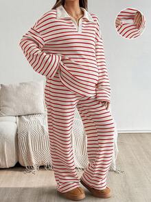 SHEIN 2 件孕妇休闲条纹上衣和裤子套装，秋季孕妇裤套装条纹孕妇套装 2 件孕妇装孕妇家居服套装孕妇条纹两件套 - 紅白色 - 查看 6
