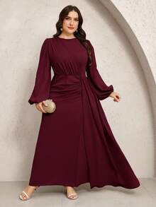 Veilorie Vestido de fiesta elegante de talla grande de unicolor con mangas farol - Burdeos - Ver 3