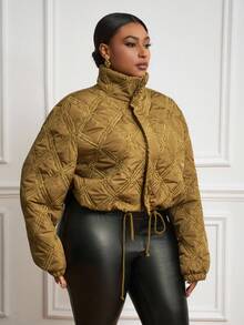 Veslaya Áo khoác ngắn tay dài màu nâu trơn, chất liệu cotton có họa tiết, thích hợp cho mùa Thu/Đông, phong cách thường ngày, đi học và thư giãn, dành cho nữ cỡ lớn. - màu nâu - Xem 1