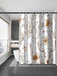 SHEIN 1 件复古植物与动物图案浴帘 - 乡村骷髅、棕褐色调、野玫瑰与罂粟花设计，防水涤纶，带 12 个挂钩，70x70 英寸，非常适合自然风格的浴室，防水窗帘 | 乡村风格浴室配件 | 棕褐色调窗帘，浴室浴帘套装 - 彩色 - 查看 2