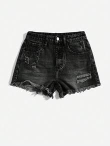 SHEIN EZwear 女士夏季毛边牛仔短裤 - 黑色 - 查看 3