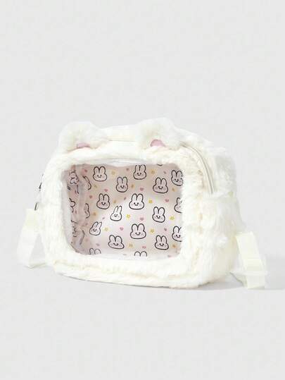 Kawaii Women's Cute Embroidered + Print Rabbit Pattern Plush Fashion Versatile Shoulder Crossbody Bag