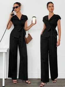 SHEIN Tall 女士优雅办公室套装、上衣和裤子黑色长裤套装，女士黑色阔腿裤套装，秋冬 - 酒紅色 - 查看 1