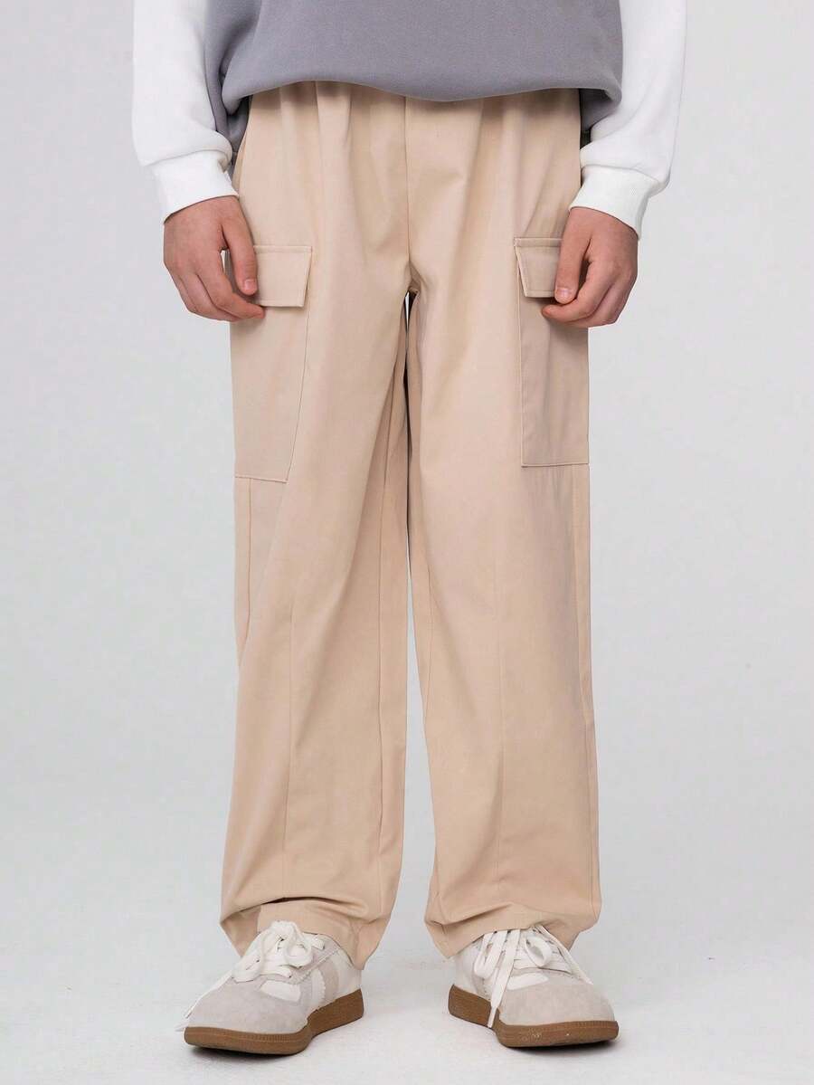 SHEIN 卡其色男童长裤，工装口袋设计，休闲时尚 - 卡其色 - 查看 1