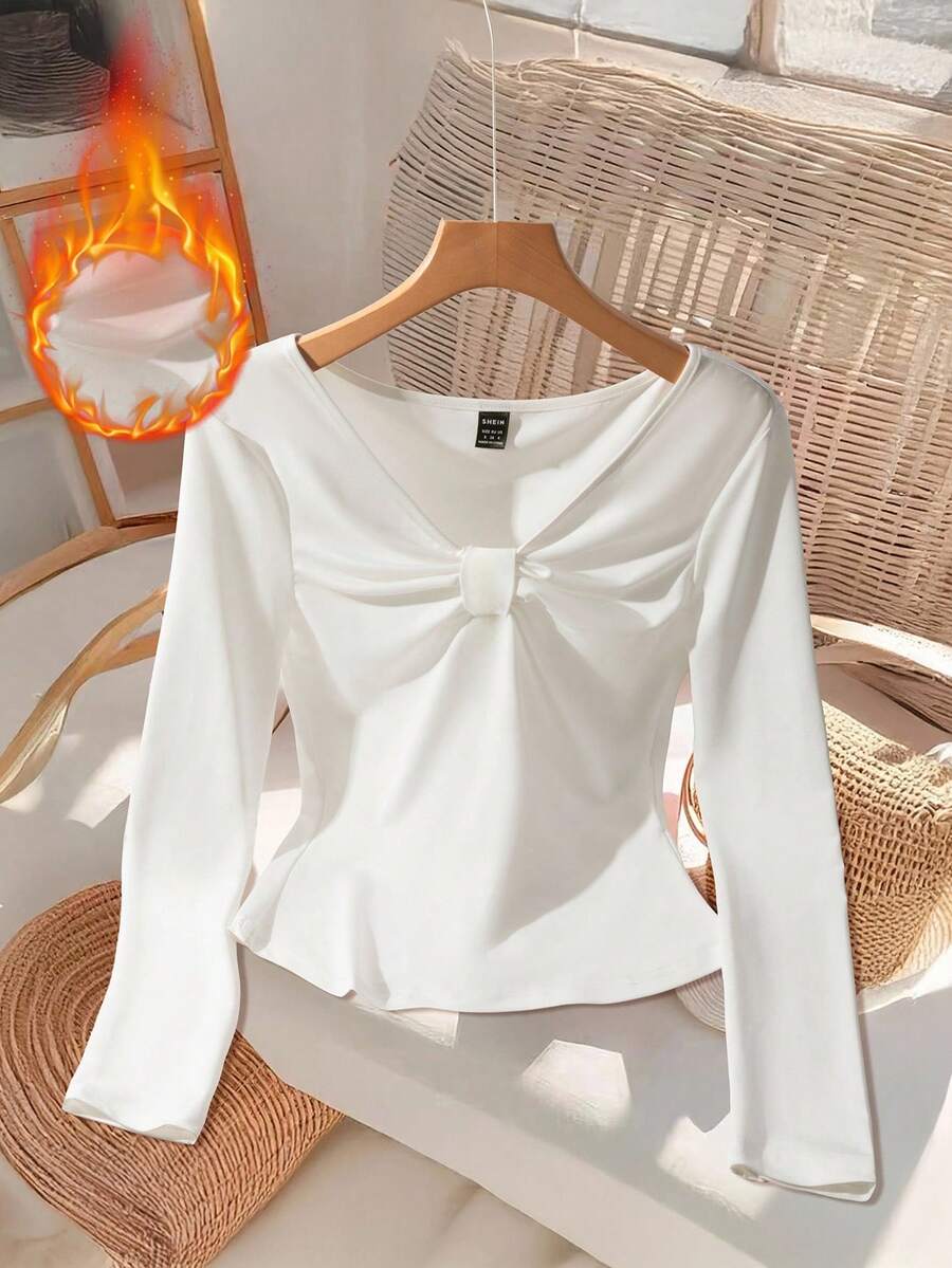 GlowEve Damen modisches einfarbiges französisches Off-Shoulder Shirt mit Schleife, plissiert, vielseitig einsetzbar für Alltag, Ausgehen, Date, Party, Langarm T-Shirt