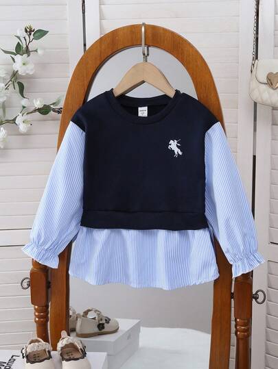 Souflis Souflis 1 件女童蓝色针织二合一学院风条纹长袖运动衫，图案印花设计，二合一款式，柔软面料，适合通勤、户外活动、学校、返校季