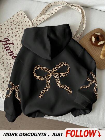 SHEIN Leap Crew 复古豹纹蝴蝶结图案，少女休闲黑色长袖卫衣，秋冬季