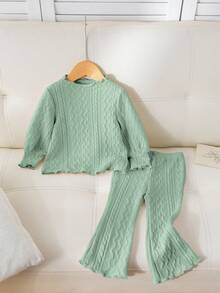 SHEIN Babygirl Green Ruffle Trim Long Sleeve Top And Elastic Waist Flare Pants Set, Autumn/Winter Mint Green Baby Girl Set Baby Girl Mint Green Outfit Toddler Girl Green Outfit Set Baby Girl Green Outfit Set Woven Green Outfit Set Baby Fall - Green - View 5