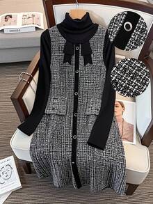 Regalyn Plus Size Women's Single-Breasted Contrast Color Tweed Dress, Fashionable Luxurious Dignified Elegant High-End Romantic Sleeveless