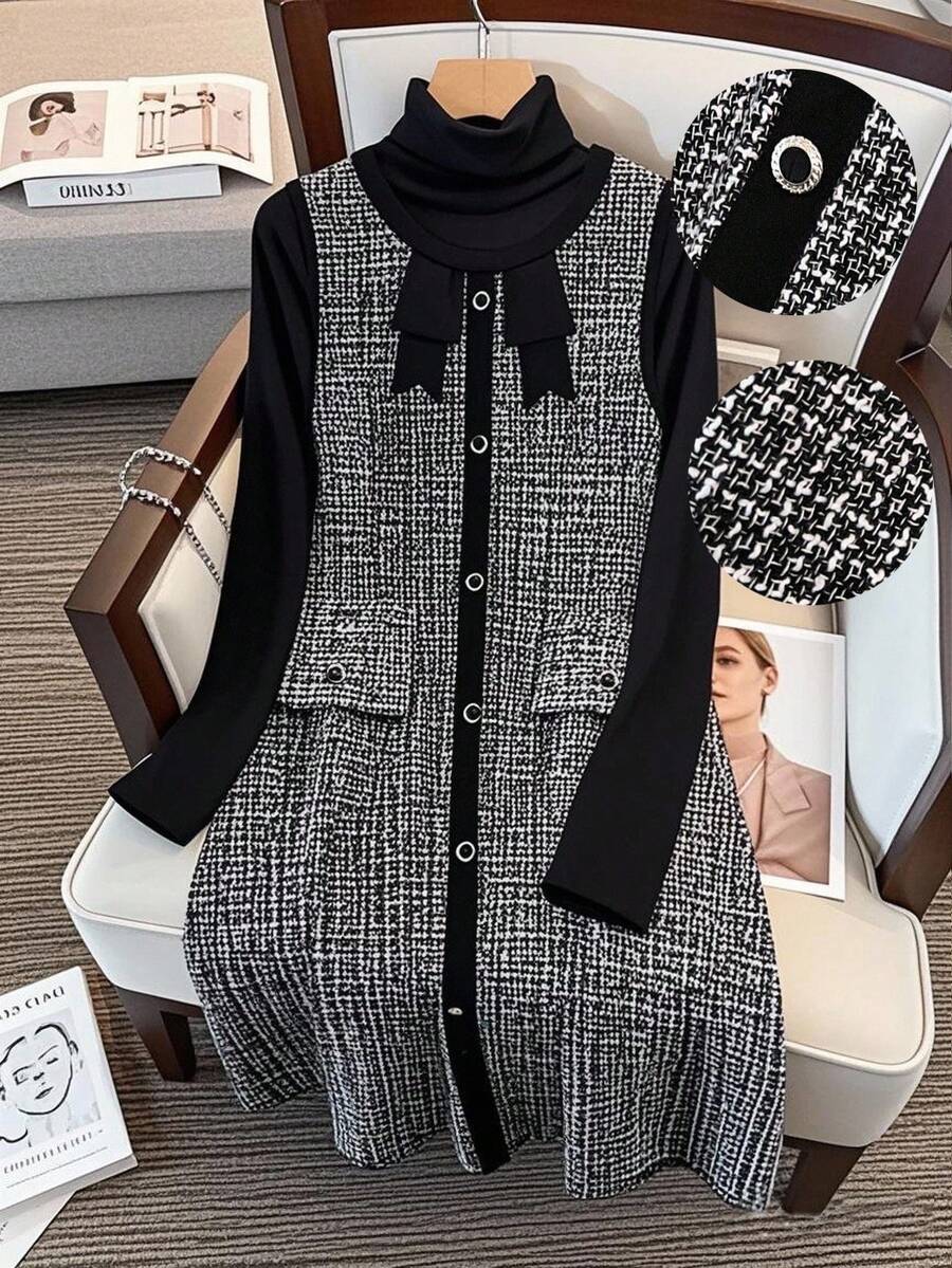 Regalyn Plus Size Women's Single-Breasted Contrast Color Tweed Dress, Fashionable Luxurious Dignified Elegant High-End Romantic Sleeveless