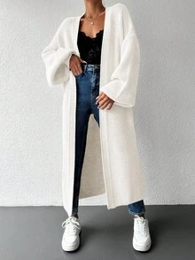 EURMUSE Ladies' Solid Color Drop-shoulder Cardigan Sweater - White - View 5