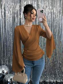 Chiquease Women's Plain Overlap V-Neck Flare Sleeve Casual Shirt - Brown - View 6