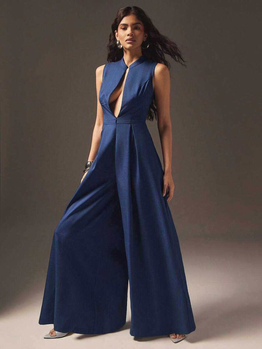 Hauture Extreme Wide Leg Zip Front Sleeveless Jumpsuit - Blue - View 1