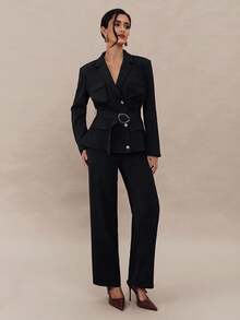 Modelyn Women's Elegant Solid Color Blazer And Pants Suit, Office Wear Autumn Winter Clothes For Women - Black - View 1