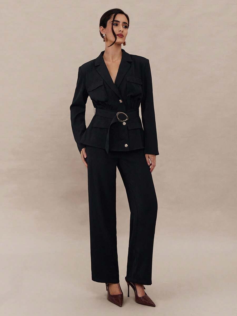 Modelyn Women's Elegant Solid Color Blazer And Pants Suit, Office Wear Autumn Winter Clothes For Women - Black - View 1