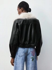Maija 女士时尚仿毛领短款夹克，秋冬 - 黑色 - 查看 2