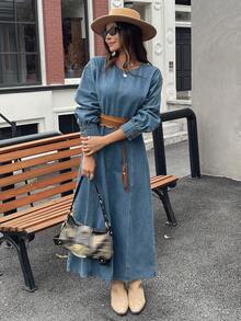 Livesso 女式秋季圆领收腰泡泡袖牛仔连衣裙 - 藍色 - 查看 5
