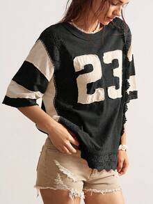 Bohemela Áo thun nữ tay ngắn cổ tròn, dáng rộng, màu trơn, họa tiết ren vá, phong cách Boho Vintage Casual - Đen và trắng - Xem 5