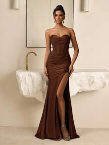 Vowa Đầm Maxi Maxi Xẻ Đuôi Cá Không Dây Cổ Tròn Trang Trí Cúp Ngực Quyến Rũ, Gợi Cảm, Đầm Dạ Hội - màu nâu - Xem 1