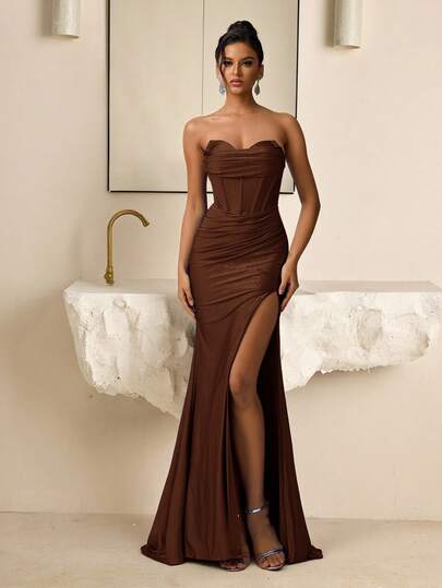 Vowa Vestido largo glamoroso y sexy con escote sin tirantes, decoración de copa de sujetador, con ballenas, silueta ajustada y abertura de cola de pez, vestido de noche