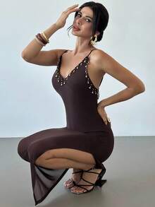 Firerie Women's Elegant Romantic Delicate Date Party Vacation Music Festival Bohemian Teacher Outfit V-Neck Tassel Texture Spaghetti Strap Eggplant Purple Maxi Dress, Summer - Purple - View 6