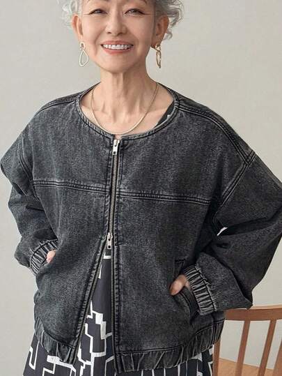 FRIFUL 女式落肩长袖拉链休闲牛仔夹克牛仔夹克短款夹克黑色牛仔夹克加大码牛仔夹克秋冬