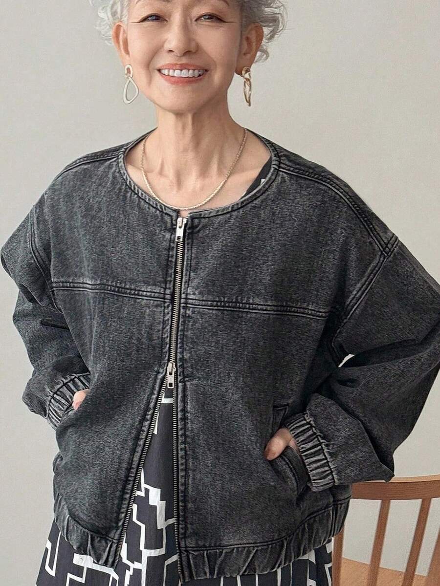 FRIFUL 女式落肩长袖拉链休闲牛仔夹克牛仔夹克短款夹克黑色牛仔夹克加大码牛仔夹克秋冬 - 黑色 - 查看 1